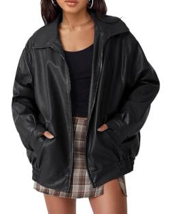 Fylovery Frauen Lederjacken Übergroße Faux Motorrad Biker Mantel Reißverschluss PU Moto Cardigan Äußere Lose Bomberjacke Herbst Baggy Streetwear, A-schwarz, 36 von Fylovery