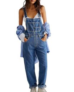 Fylovery Frauen Strapse Denim Straight Leg Lange Jumpsuit Verstellbarer Riemen Strampler Hosen Sommer Baggy Latzhose Loose Fit Jean Overalls, A-Blau, 48 von Fylovery