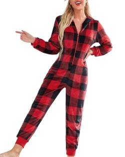 Fylovery Frauen Weihnachten Onesie All in One Hooded Jumpsuit Nachtwäsche Zip Up Strampler Pyjamas Lady Xmas Print Playsuit Nachtwäsche mit Taschen, A-schwarz rot, 48 von Fylovery