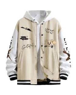 Fylovery Männer Baseball Jacke Langarm Knopfverschluss Buchstaben Bär Druck Kontrast Farbe Varsity Jacke Herbst Casual Sportswear Mantel, A-Beige, 46 von Fylovery