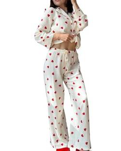 Fylovery Y2K Damen Schlafanzug-Set aus Baumwolle, niedliches Herzmuster, langärmelig, Knopf, Hemd, Oberteil, Hose, 2-teilig, Nachtwäsche, passende Pyjamas, Loungewear-Outfits, A-weiß, 38 von Fylovery