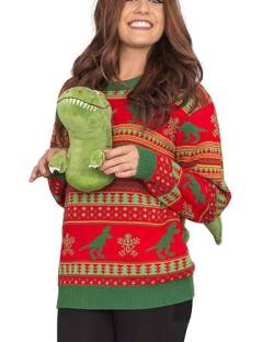 Herren Damen Weihnachtspullover 3D Lustig T-Rex Elch Hai Langarm Rundhals Strickpullover Xmas Dinosaurier Pullover Winter Warme Strickwaren, A-roter Dinosaurier, M von Fylovery