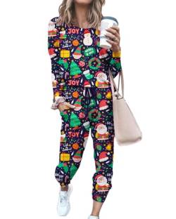 Lässige Weihnachts-Outfits für Damen, Cartoon-Druck, langärmelig, Rundhalsausschnitt, Pullover, Tops, Kordelzug, lange Hose, 2-teiliges Loungewear-Set, Dunkelblau, 38 von Fylovery