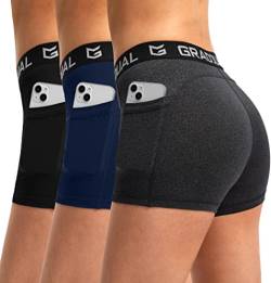 G Gradual Damen Spandex Kompression Volleyball Shorts 7,6 cm / 17,8 cm Workout Pro Shorts für Damen, 3er-Pack: Schwarz/Marineblau/Anthrazit-Taschen, Groß von G Gradual