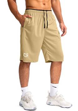 G Gradual Herren-Basketball-Shorts mit Reißverschlusstaschen, leicht, schnell trocknend, 27,9 cm lange Shorts für Herren, athletisches Fitnessstudio, Khaki, Mittel von G Gradual