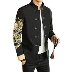 G-LIKE Chinesische Tangzhuang Herren Jacke - Traditionell Retro Kostüm Mantel Lange Ärmel Stehkragen Drachen Peking Oper Masken Stickerei Schwarz Frühling Herbst Kleidung (Ärmel Drachen, L) von G-LIKE