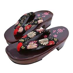 G-LIKE Damen Sandalen Pantoffel Sommerschuhe - Traditionelle Japanische Holzschuhe Geta Kimono Kirschblüte Sakura Musterdruck Rutschfest Poliert Flip-Flops Cosplay Clogs (34-35 EU, Sonnenblume) von G-LIKE
