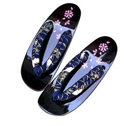 G-LIKE Damen Sandalen Pantoffel Sommerschuhe - Traditionelle Japanische Holzschuhe Geta Kimono Kirschblüte Sakura Musterdruck Rutschfest Poliert Flip-Flops Cosplay Clogs (36-37 EU, Blau Kran) von G-LIKE