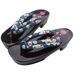 G-LIKE Damen Sandalen Pantoffel Sommerschuhe - Traditionelle Japanische Holzschuhe Geta Kimono Kirschblüte Sakura Musterdruck Rutschfest Poliert Flip-Flops Cosplay Clogs (36-37 EU, Blau Sakura) von G-LIKE