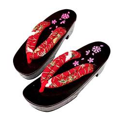 G-LIKE Damen Sandalen Pantoffel Sommerschuhe - Traditionelle Japanische Holzschuhe Geta Kimono Kirschblüte Sakura Musterdruck Rutschfest Poliert Flip-Flops Cosplay Clogs (38-40 EU, Rot Kran) von G-LIKE