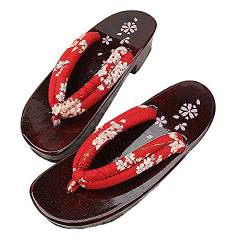 G-LIKE Damen Sandalen Pantoffel Sommerschuhe - Traditionelle Japanische Holzschuhe Geta Kimono Kirschblüte Sakura Musterdruck Rutschfest Poliert Flip-Flops Cosplay Clogs (38-40 EU, Rot Sakura) von G-LIKE