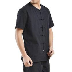 G-LIKE Herren Kung Fu Hemd - Traditionelle Chinesische Kleidung Handarbeit Tangzhuang Stil Jacke Kampfkunst Tai Chi Wing Chun Kurze Ärmel Ohne Kragen Uniform für Männer Frauen (Schwarz, L) von G-LIKE