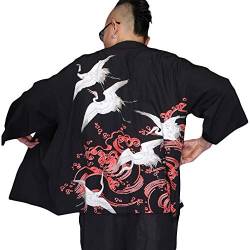 G-LIKE Herren Sommer Kimono Cardigan – Traditionelle Japanische Kleidung Haori Kostüm Taoistische Robe Langarm Jacke Chinesischer Stil Umhang Nachthemd Bademantel Nachtwäsche für Männer (Kranich) von G-LIKE