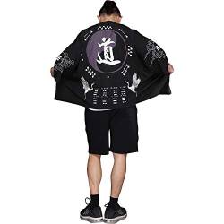G-LIKE Herren Sommer Kimono Cardigan – Traditionelle Japanische Kleidung Haori Kostüm Taoistische Robe Langarm Jacke Chinesischer Stil Umhang Nachthemd Bademantel Nachtwäsche für Männer (Schwarz) von G-LIKE