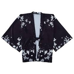 G-LIKE Japanischer Kimono Blumen Verzierung - Traditionelles Haori Federgewebe Kostüm Robe Überjacke Sonnenschutz Jacke Antiker Stil Nachthemd Bademantel Nachtwäsche für Damen Frauen (Schwarz) von G-LIKE