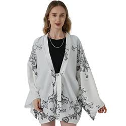 G-LIKE Japanischer Kimono Blumen Verzierung - Traditionelles Haori Federgewebe Kostüm Robe Überjacke Sonnenschutz Jacke Antiker Stil Nachthemd Bademantel Nachtwäsche für Damen Herren (Weiß) von G-LIKE