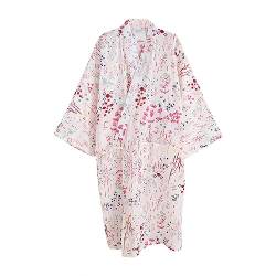 G-LIKE Japanischer Kimono Nachthemd Bademantel – Traditioneller Haori Yukata Stil 100% Baumwolle Frühling Sommer Hauskleid Saunamantel Leicht Dünn Nachtwäsche für Damen Herren (Weiß-Damen, M) von G-LIKE