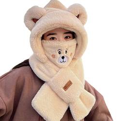 G-LIKE Winter Kapuze Schal Maske – 3er Set All-in-One Plüsch Mütze Halstuch Mundschutz Wärmer für Kopf Hals Gesicht Warme Kopfbedeckung mit Bärenohren Winddicht Kuschelig für Damen Mädchen (Beige) von G-LIKE