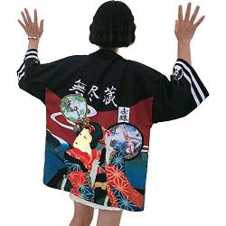 Japanischer Kimono Kleid Strickjacke - Traditionelle Klassische Haori Kleidung Tokio Harajuku Antike Stile Lockere Jacke Robe Kostüm Bademantel Nachtwäsche Mädchen Frauen - Geisha (Schwarz) von G-LIKE