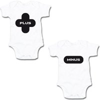 G-graphics Kurzarmbody Plus & Minus (Zwillingsset / Twinset, 2-tlg., Baby-Body-Set) für Zwillinge / Twins mit Sprüchen von G-graphics