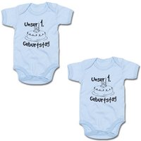 G-graphics Kurzarmbody Unser 1. Geburtstag (Zwillingsset / Twinset, 2-tlg., Baby-Body-Set) für Zwillinge / Twins mit Sprüchen von G-graphics