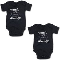 G-graphics Kurzarmbody Unser 1. Geburtstag (Zwillingsset / Twinset, 2-tlg., Baby-Body-Set) für Zwillinge / Twins mit Sprüchen von G-graphics