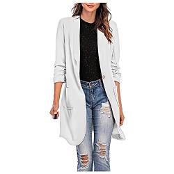 Blazer Damen Elegant Einfarbig 3/4-Arm Sakko Lang Business Outfit Slim Fit Revers Jacke Mantel Herbst Strickjacke Blazer mit Taschen Gehrock Knopfleiste Cardigan (Weiß, S) von G-real