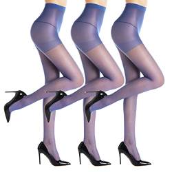 G&Y 3 Paar durchsichtige Damenstrumpfhosen - 20D Control Top Strumpfhose mit verstärkten Zehen, Blau, M von G&Y