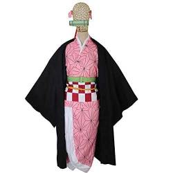 Anime Kamado Nezuko für Frauen Cosplay Kostüme und Perücke 2019 rosa Kimono und schwarzer Mantel Kleidung L Perücke Nezuko (Farbe: Kamado Nezuko, Gr??e: XL) von GABLOK