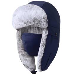 GADIEMKENSD Winter Trapper Hat for Men Warm Russian Ushanka for Women Snow Ski Hunting Trooper Hat with Ear Flaps Chin Strap Windproof Mask Faux Fur Aviator Warm Hat Gifts Cold Weather Caps Blue XL von GADIEMKENSD