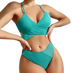 Farbe Dick Passende Solide Kreuz Sexy Bikini Hohe Frauen Badeanzug Riemen Taille Bademode Tankinis Set Top T Shirt (A1-Mint Green, S) von GADXE