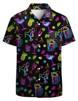 GADZILLE 80er Jahre Hawaiihemd für Herren 90er Jahre Button Down Hemd Retro Aloha Strandhemd Neon Themenparty Hemd, Bier schwarz neon, Groß von GADZILLE