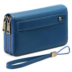 GAEKEAO Geldbörse für Damen, Clutch, RFID-blockierend, Leder, Handgelenktasche, großes Fassungsvermögen, Kreditkartenetui mit Griff-Handschlaufe, Type 1 09 Lychee Navy Blue, Classic von GAEKEAO