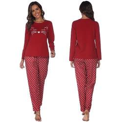 GAESHOW Damen-Baumwollpyjama mit niedlichem Aufdruck, gemütliche Damen-Langarm-Leichtnachtwäsche, weiche Pjs-Lounge-Sets mit Taschen (DE/NL/SE/PL, Alphanumerisch, XL, Regular, Regular, Rot) von GAESHOW