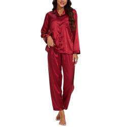 GAESHOW Damen Pyjama Set, 2 Teilig Satin Langarm Schlafanzug, Seide Sleepwear Set für Wohnzimmer Home, Loungewear für alle Jahreszeiten von GAESHOW