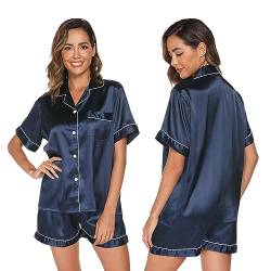 GAESHOW Damen-Schlafanzug-Set, Satin, Seide, kurzärmelig, Button-Down-Set, Schlafkleidung, Loungewear, zweiteilig, Dunkelblau, XXL von GAESHOW