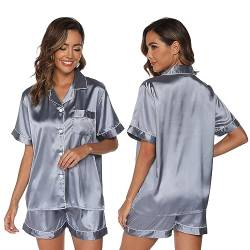 GAESHOW Damen-Schlafanzug-Set, Satin, Seide, kurzärmelig, Button-Down-Set, Schlafkleidung, Loungewear, zweiteilig, S-2XL, Grau+Blau, 42 von GAESHOW