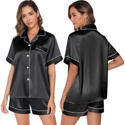 GAESHOW Damen-Schlafanzug-Set, Satin, Seide, kurzärmelig, Button-Down-Set, Schlafkleidung, Loungewear, zweiteilig, S-2XL, Schwarz , 46 von GAESHOW