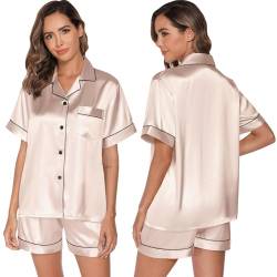 GAESHOW Damen-Schlafanzug-Set, Satin, Seide, kurzärmelig, Button-Down-Set, Schlafkleidung, Loungewear, zweiteilig, S-2XL, champagnerfarben, 42 von GAESHOW