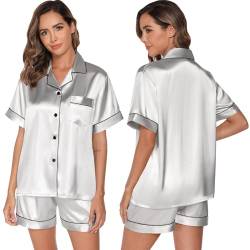 GAESHOW Damen-Schlafanzug-Set, Satin, Seide, kurzärmelig, Button-Down-Set, Schlafkleidung, Loungewear, zweiteilig, S-2XL, grau, 36 von GAESHOW