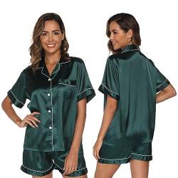 GAESHOW Damen-Schlafanzug-Set, Satin, Seide, kurzärmelig, Button-Down-Set, Schlafkleidung, Loungewear, zweiteilig, S-2XL, grün, 38 von GAESHOW