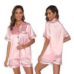 GAESHOW Damen-Schlafanzug-Set, Satin, Seide, kurzärmelig, Button-Down-Set, Schlafkleidung, Loungewear, zweiteilig, S-2XL, rose, 42 von GAESHOW