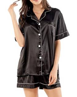 GAESHOW Damen-Schlafanzug-Set, Satin, Seide, kurzärmelig, Button-Down-Set, Schlafkleidung, Loungewear, zweiteilig, S-2XL Gr. 36, Schwarz von GAESHOW