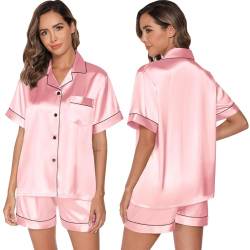 GAESHOW Damen-Schlafanzug-Set, Satin, Seide, kurzärmelig, Button-Down-Set, Schlafkleidung, Loungewear, zweiteilig, S-2XL Gr. 38, rose von GAESHOW