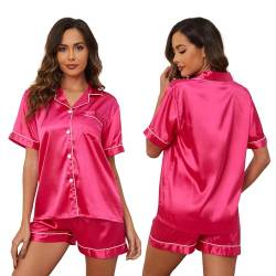 GAESHOW Damen-Schlafanzug-Set, Satin, Seide, kurzärmelig, Button-Down-Set, Schlafkleidung, Loungewear, zweiteilig, S-2XL von GAESHOW