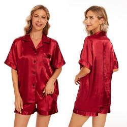 GAESHOW Damen-Schlafanzug-Set, Satin, Seide, kurzärmelig, Button-Down-Set, Schlafkleidung, Loungewear, zweiteilig, S-2XL von GAESHOW