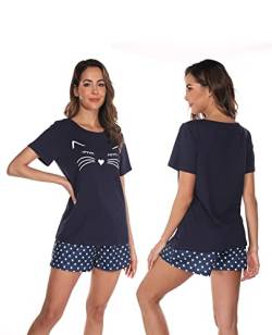 GAESHOW Schlafanzug Damen Kurz, 2 Teilig Baumwolle Pyjama Set, Sommer Sleepwear Hausanzug Sets Rundhalsausschnitt Kurze Ärmel und Shorts von GAESHOW