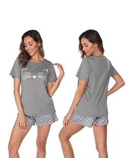 GAESHOW Schlafanzug Damen Kurz, 2 Teilig Baumwolle Pyjama Set, Sommer Sleepwear Hausanzug Sets Rundhalsausschnitt Kurze Ärmel und Shorts von GAESHOW