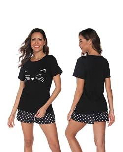 GAESHOW Schlafanzug Damen Kurz, 2 Teilig Baumwolle Pyjama Set, Sommer Sleepwear Hausanzug Sets Rundhalsausschnitt Kurze Ärmel und Shorts von GAESHOW