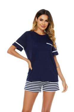 GAESHOW Schlafanzug Damen Kurz, 2 Teilig Baumwolle Pyjama Set, Sommer Sleepwear Hausanzug Sets Rundhalsausschnitt Kurze Ärmel und Shorts von GAESHOW